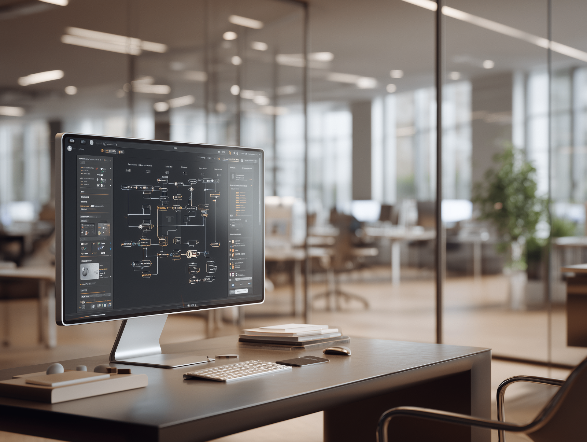 Arbeitsplatz mit großer Inhouse-Software auf einem Monitor